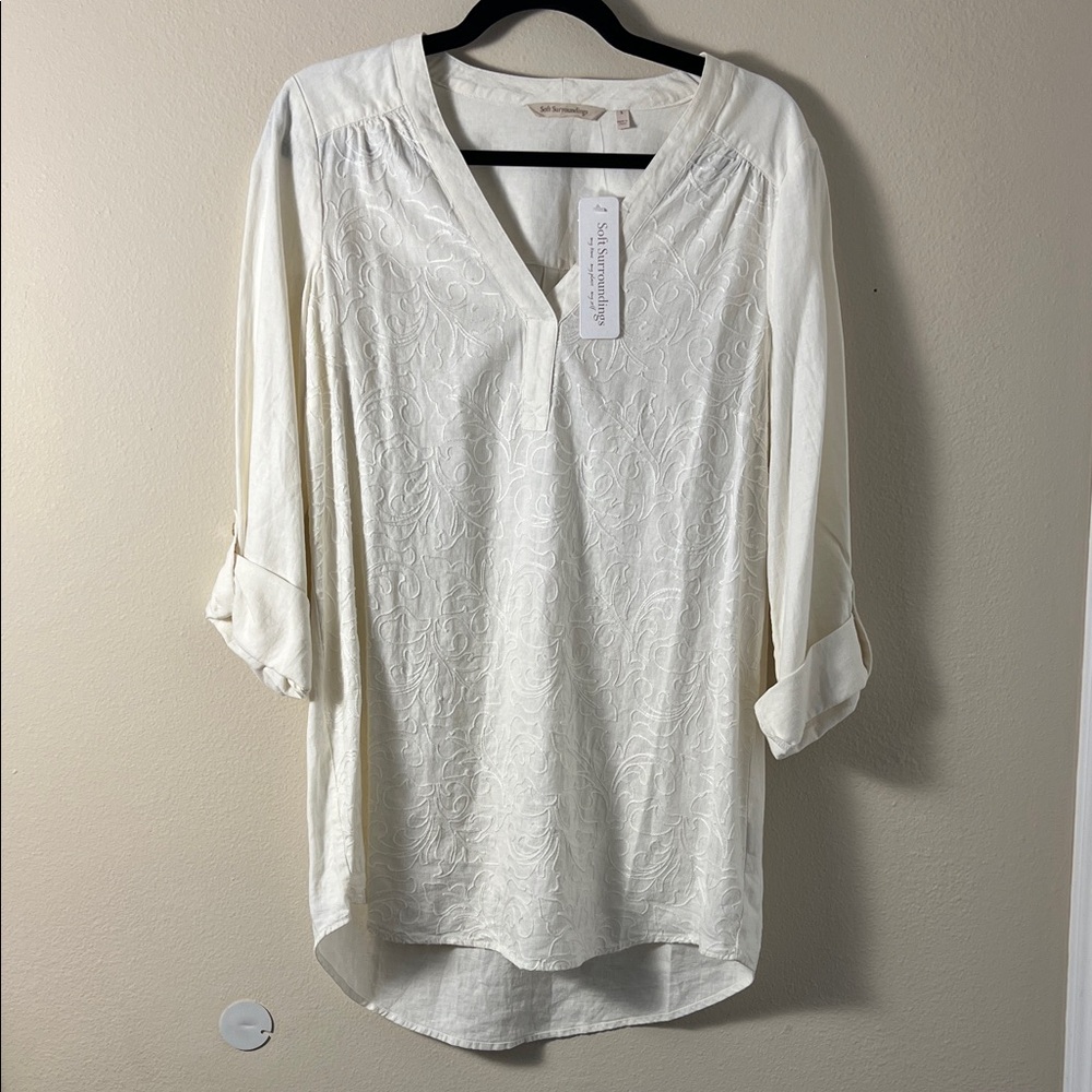 Soft Surroundings Lilith White Linen Blend Embroidered Tunic Top Size S